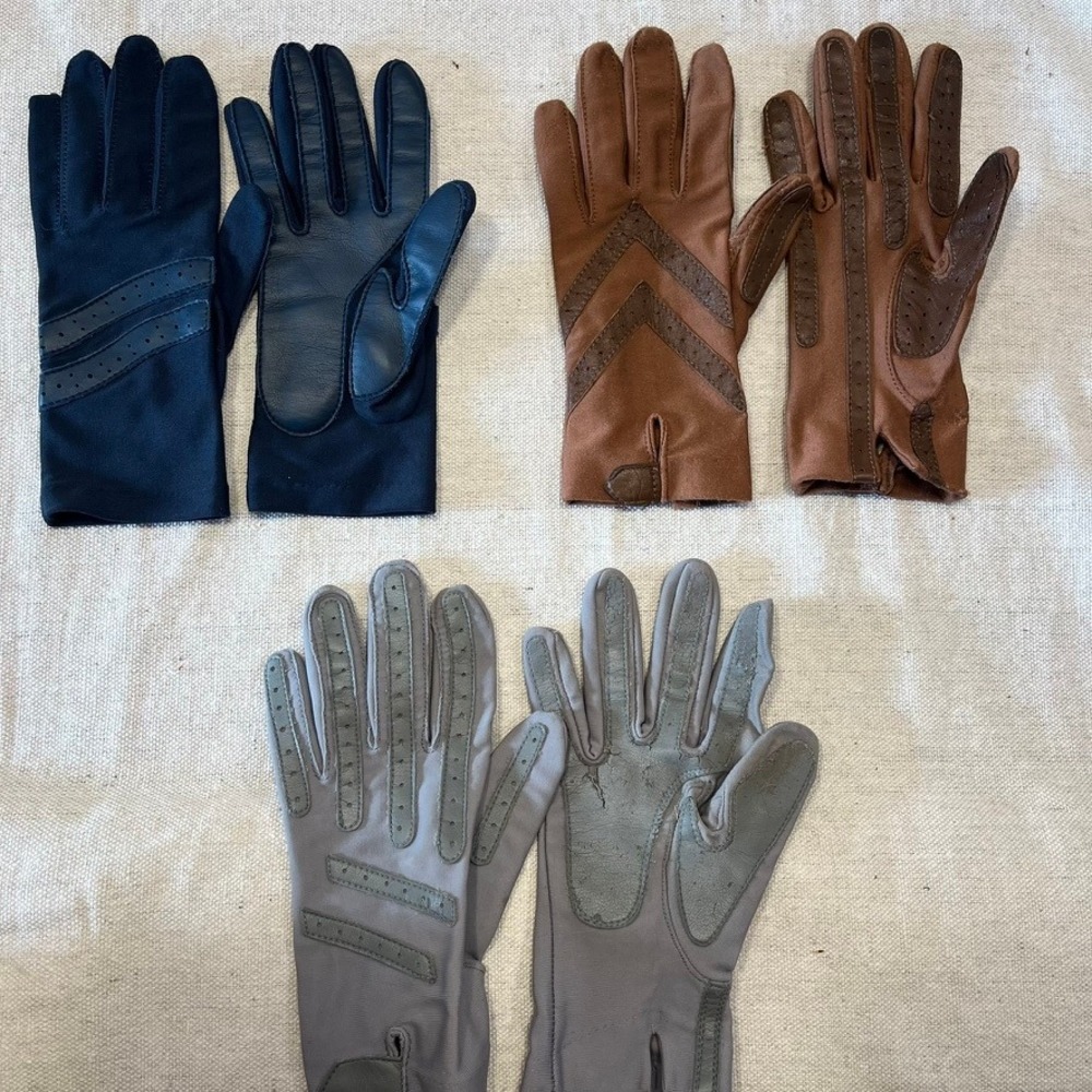 Vintage Isotoner &Hanes Driving Gloves Bundle Spandex Leather Navy Brown Grey OS